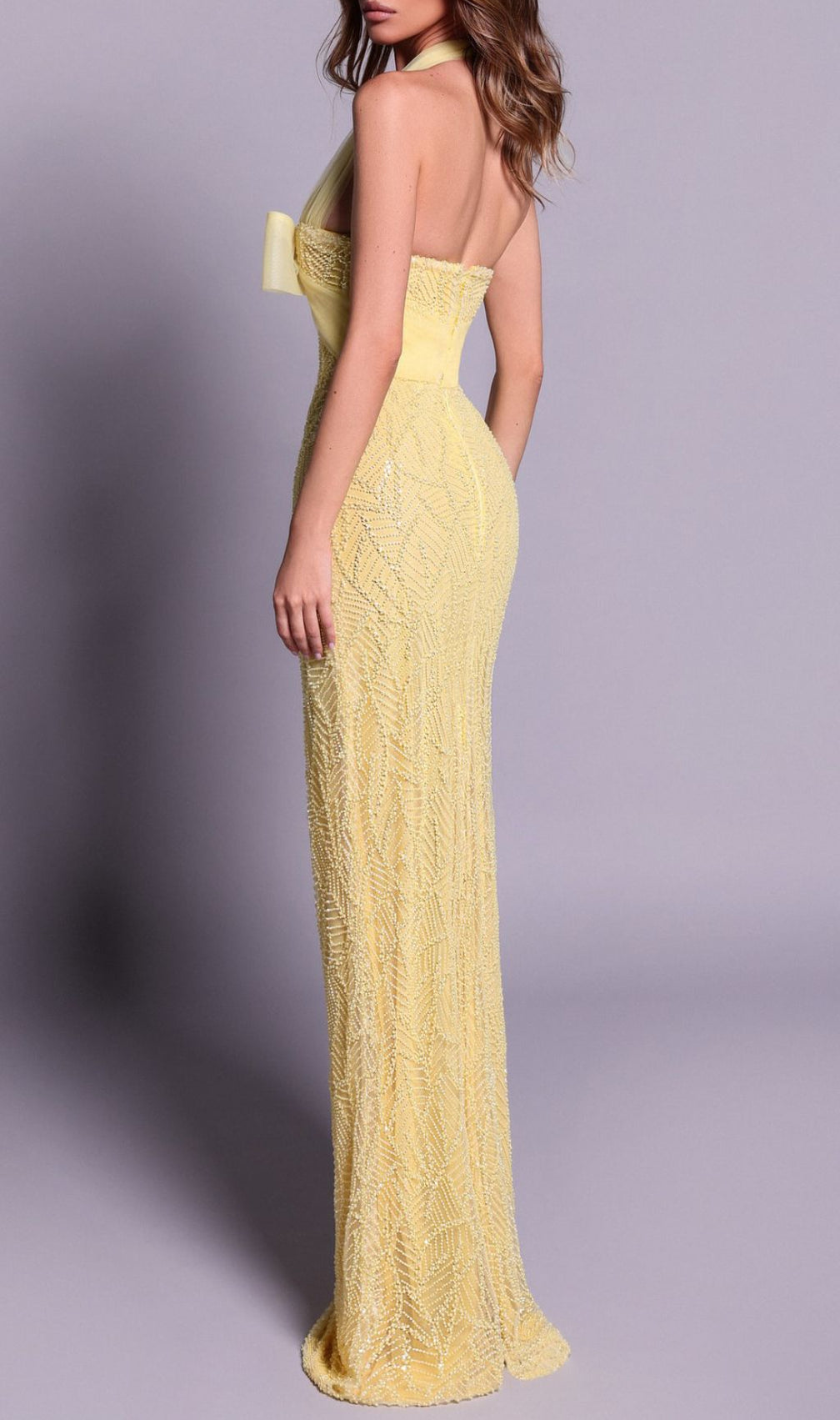 Jermaine Yellow Halter Bow Beaded Maxi Gown | Glamorous Evening & Gala Dress