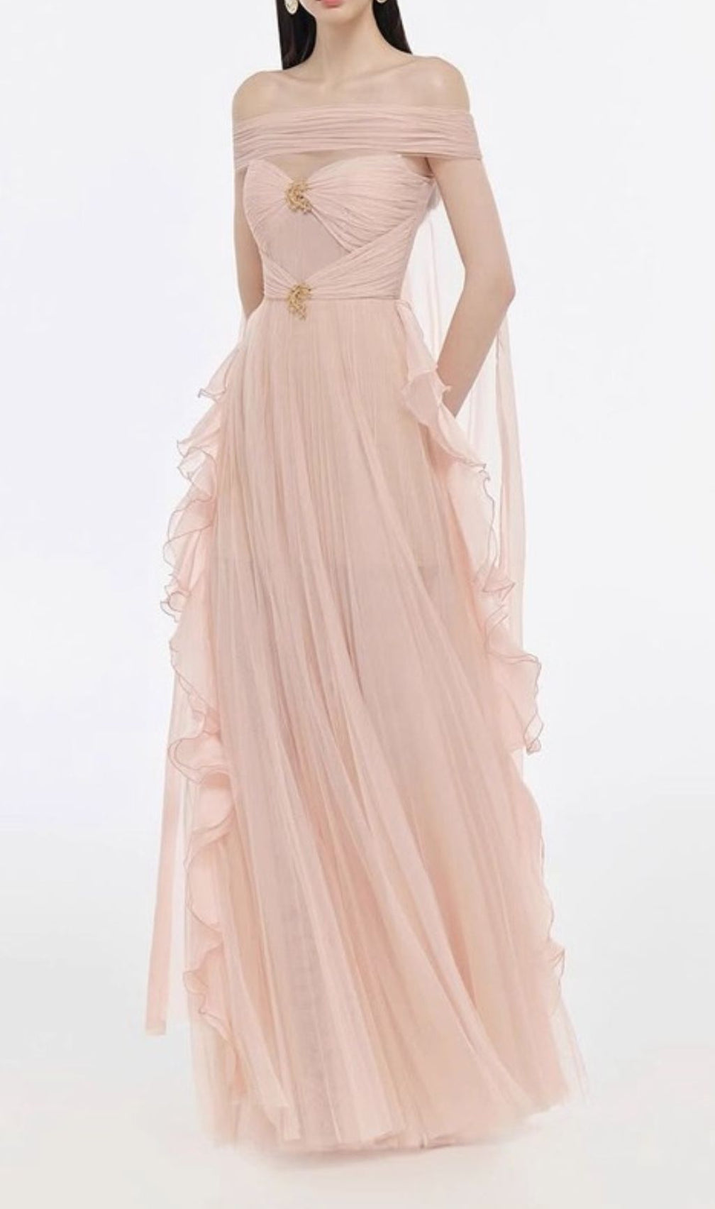 Johanna Off-Shoulder Mesh Ruffle Maxi Gown - Elegant Blush Pink Formal Dress