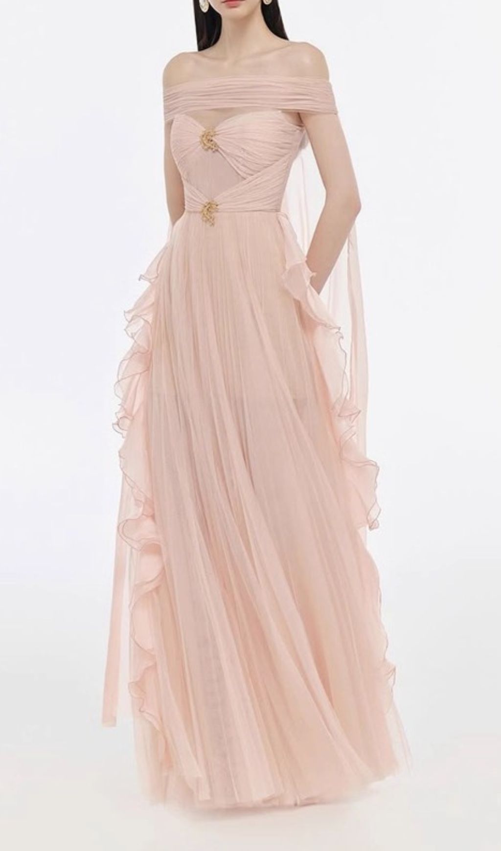 Johanna Off-Shoulder Mesh Ruffle Maxi Gown - Elegant Blush Pink Formal Dress