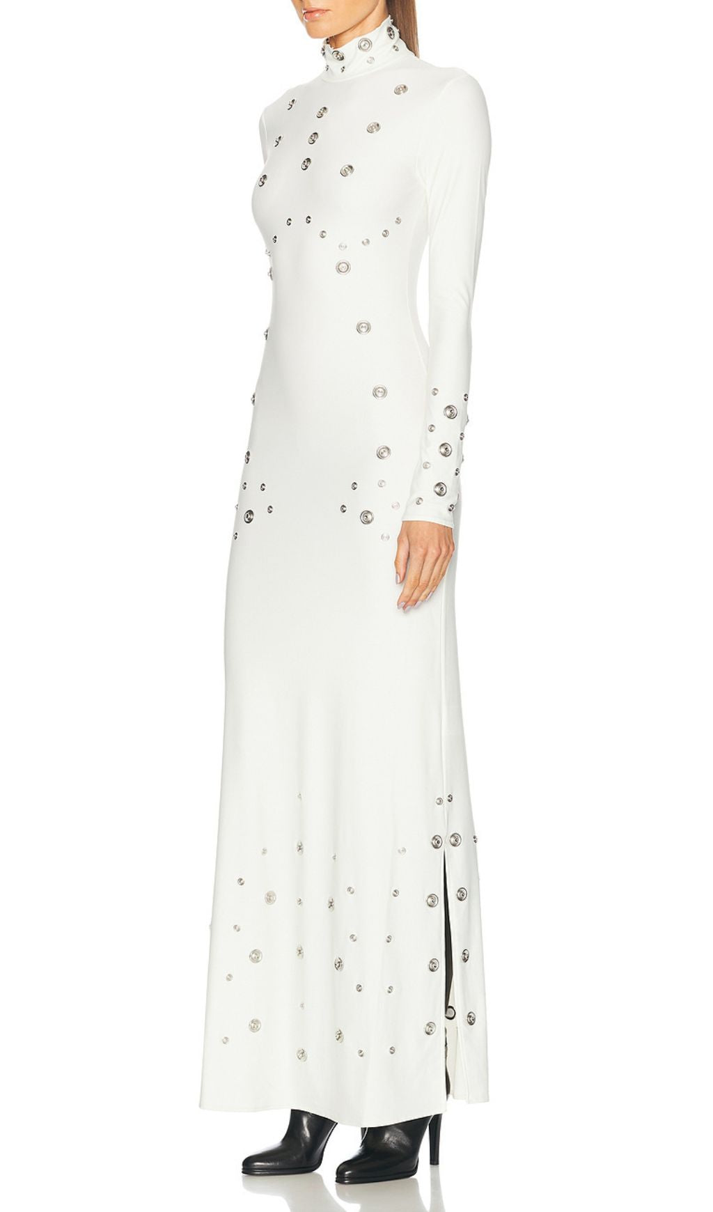 Ishana White Embellished Mock Neck Maxi Gown - Long Sleeve Formal Dress