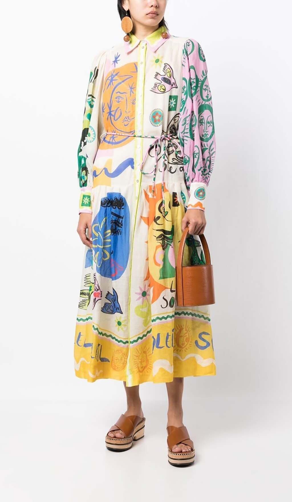 Lantern Sleeve Print Midi Dress