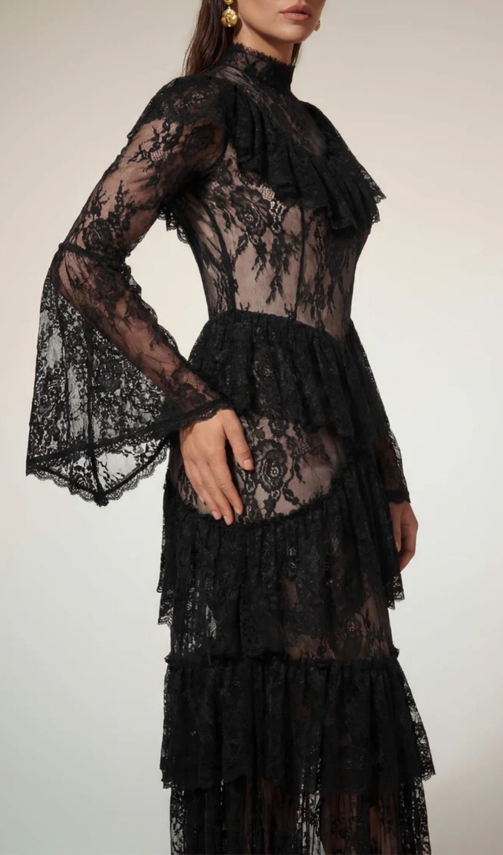 Aloysius Dramatic Black Lace Tiered Maxi Dress with Bell Sleeves