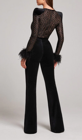 BLACK FEATHER SEQUIN JUMPSUIT