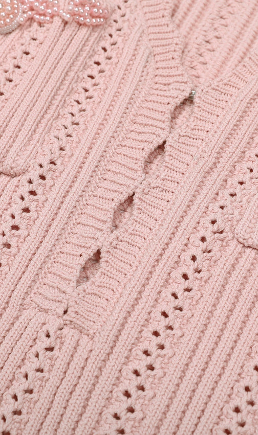 Elegant Pink Beaded Knit Mini Dress | Long Sleeve & Flattering Fit