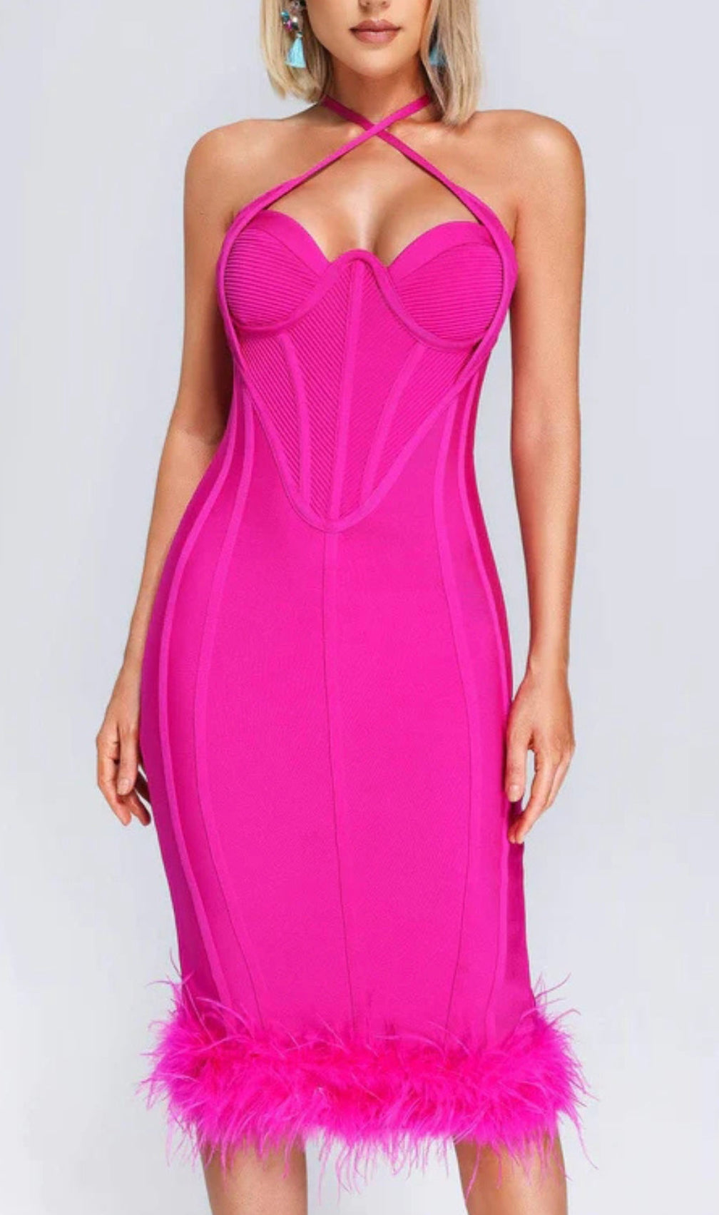 Rose Red Ostrich Feather Halter Neck Backless Tight Dress