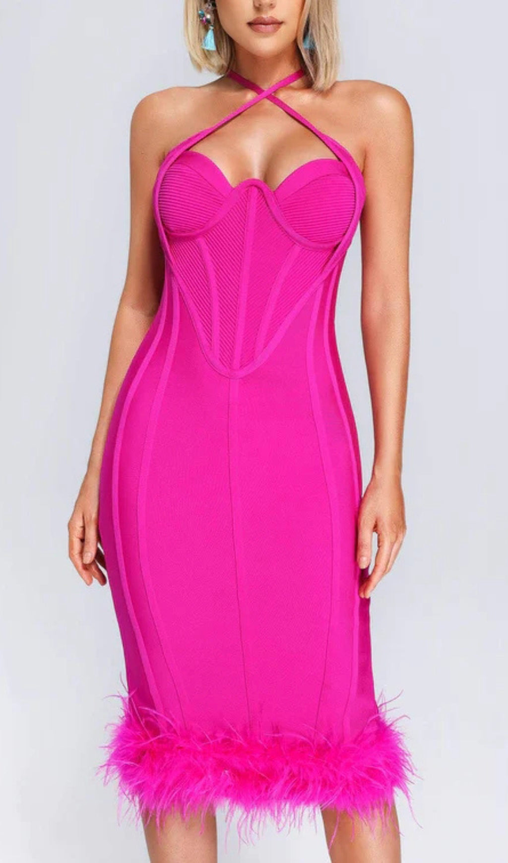 Rose Red Ostrich Feather Halter Neck Backless Tight Dress