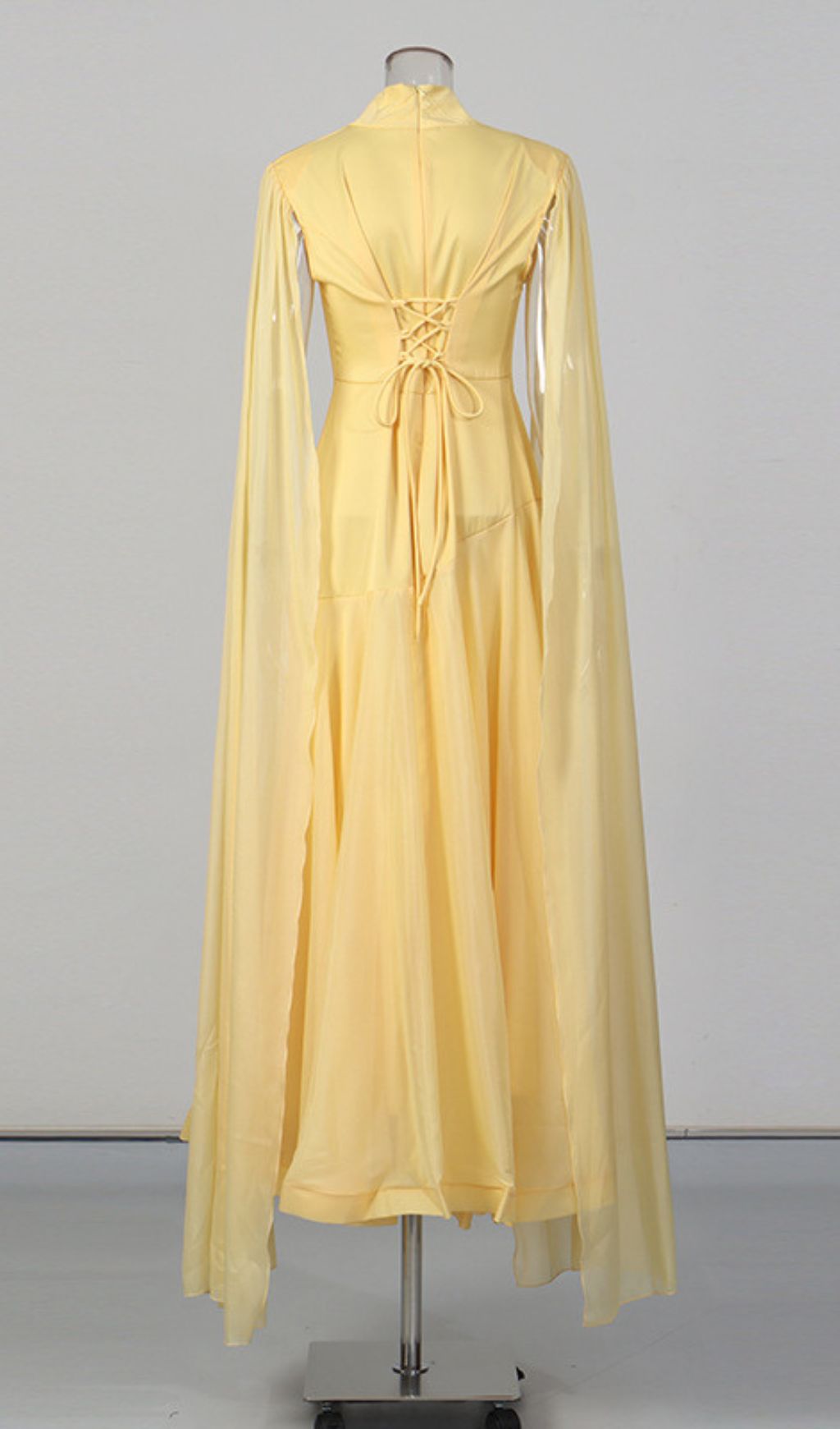 Kalonice Radiant Yellow Cape Sleeve Maxi Dress | Elegant High-Neck Formal Gown