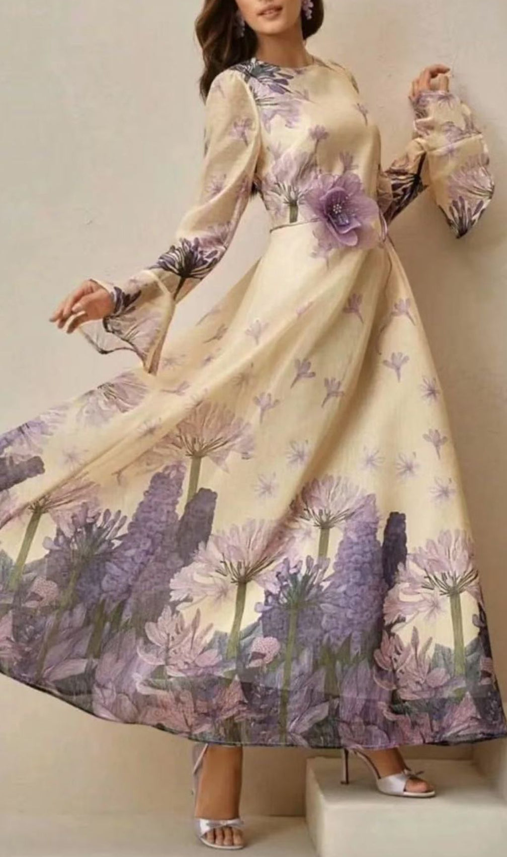 Isadore Elegant Floral Maxi Dress - Long Sleeve Chiffon Gown with Flower Belt