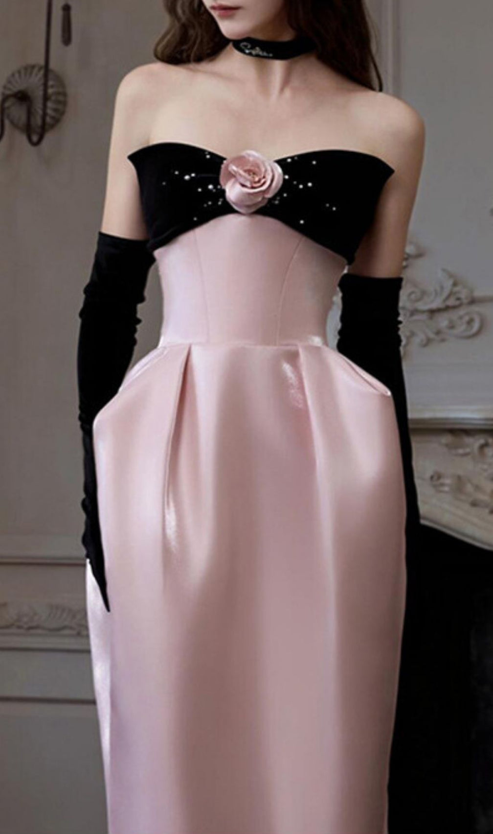 Karley Elegance: Blush Pink Strapless Maxi Gown with Black Bodice & 3D Rose