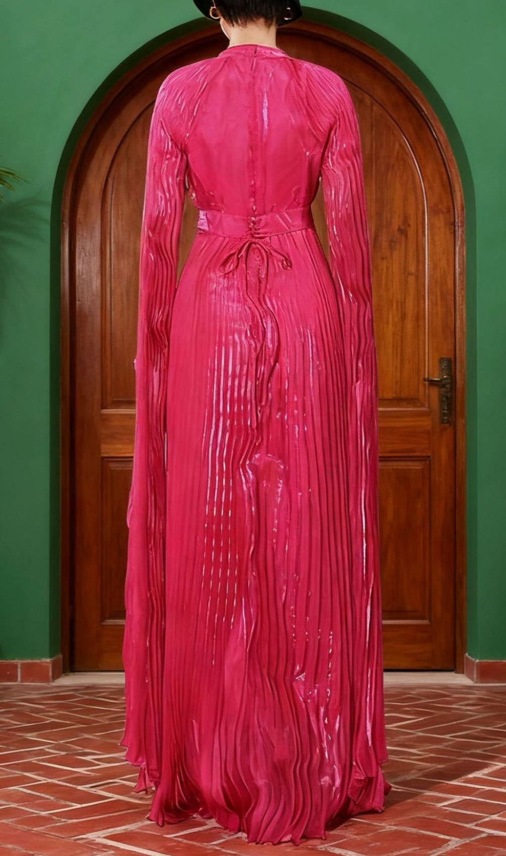 Hodaya Vibrant Pink Pleated Long Sleeve Maxi Dress - Elegant Formal Gown