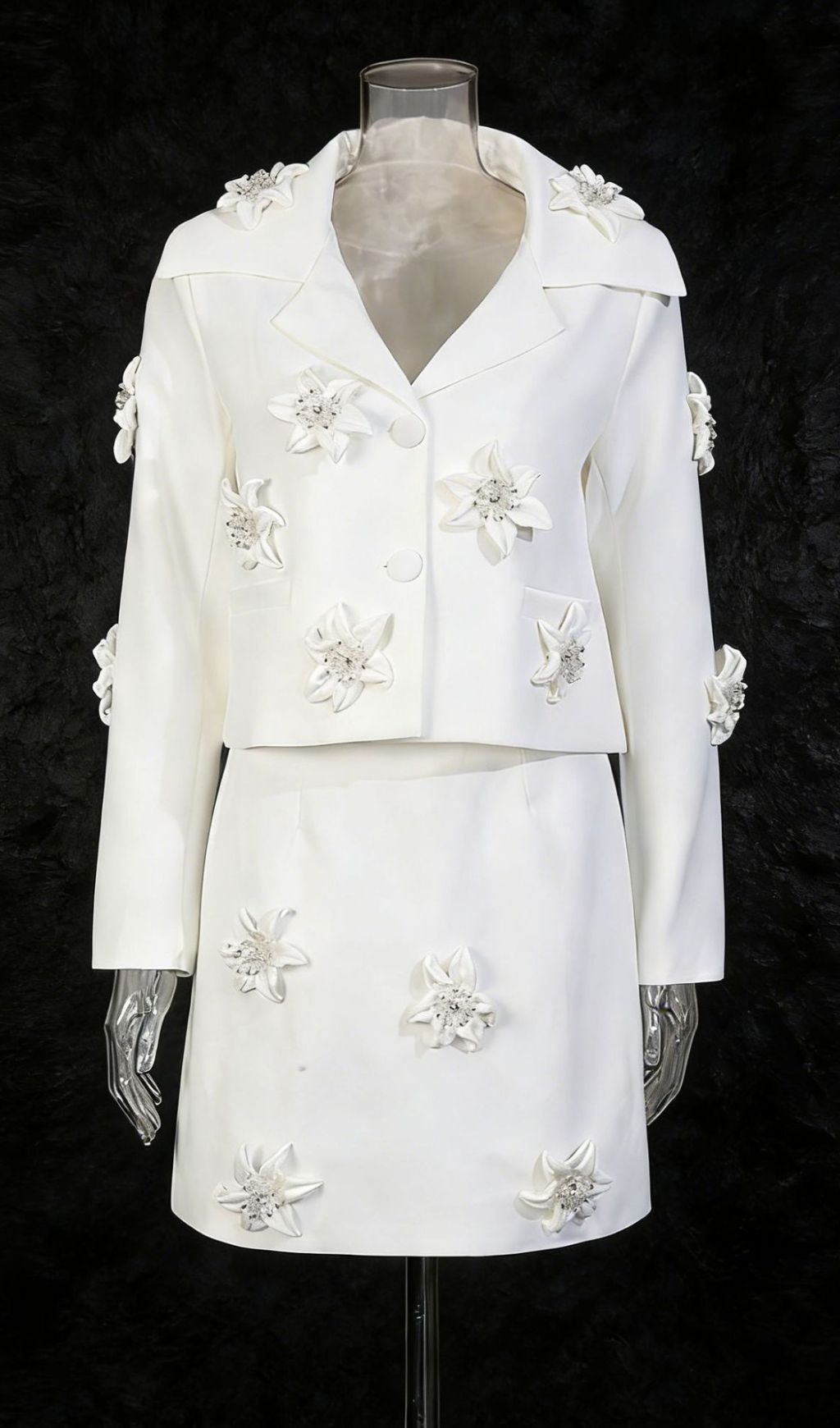 Janiyah White Floral Embellished Crop Blazer & Mini Skirt Set