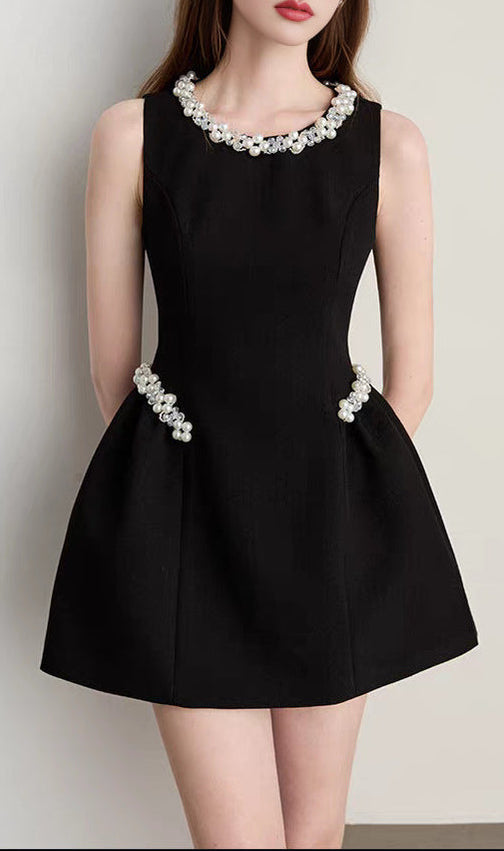 Chic Pearl & Crystal Embellished Black Mini Dress - Sleeveless Party & Cocktail