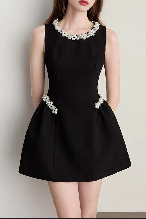 Chic Pearl & Crystal Embellished Black Mini Dress - Sleeveless Party & Cocktail