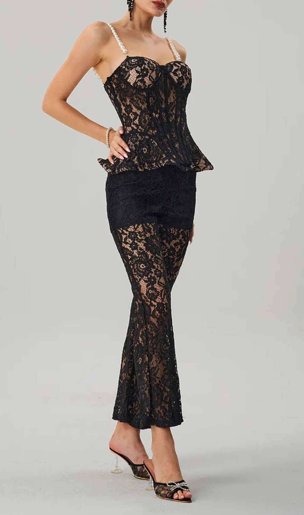 Farrah Black Lace Peplum Corset & Flared Pants Set with Pearl Straps