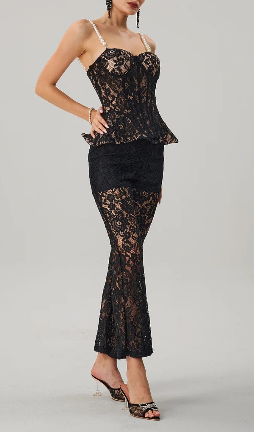 Farrah Black Lace Peplum Corset & Flared Pants Set with Pearl Straps