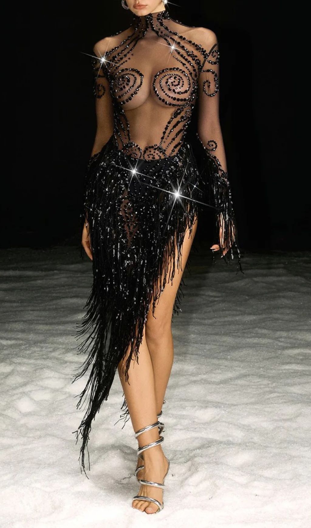 Nathari Dazzling Rhinestone Fringe Illusion Mini Dress