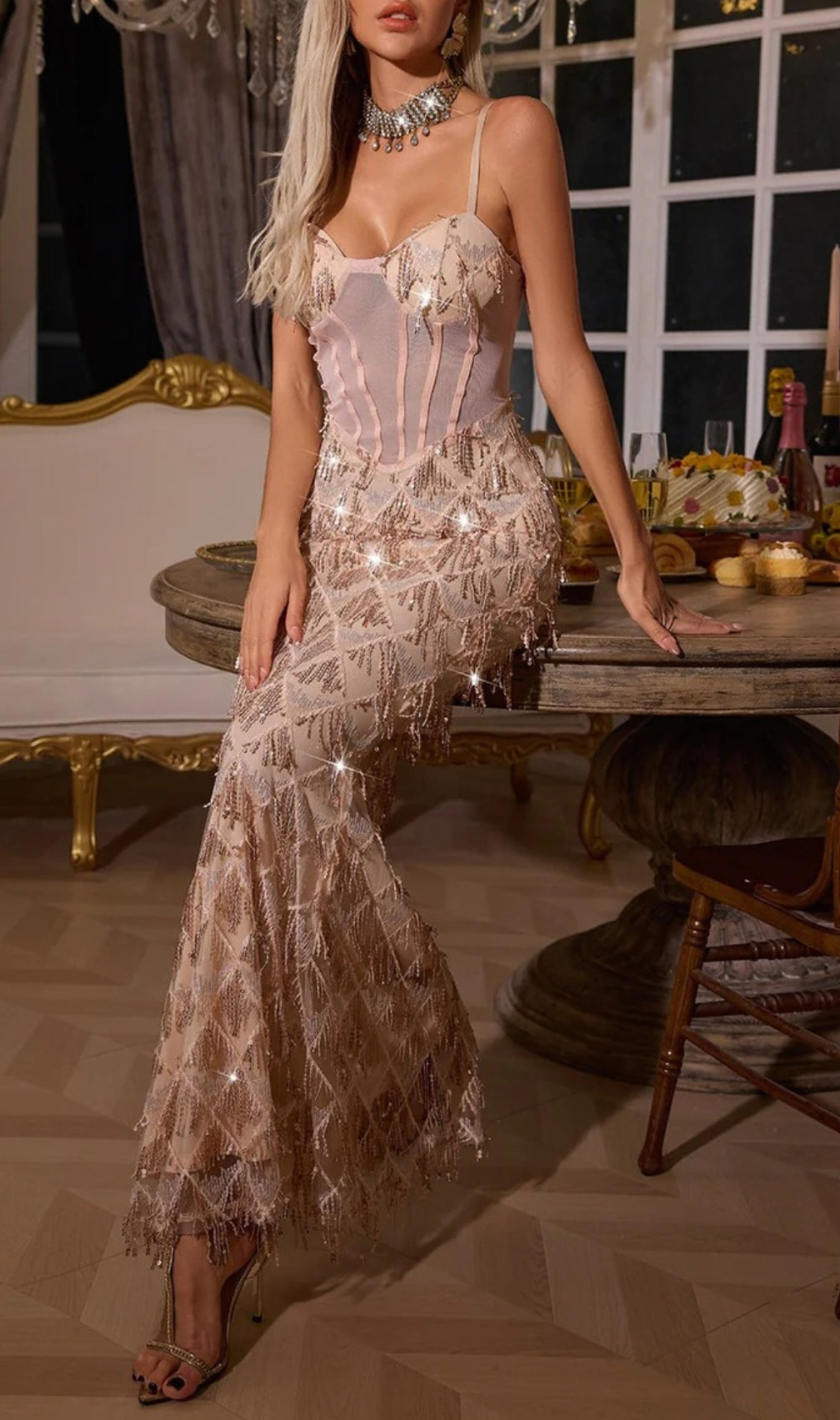 Carol Apricot Sequin Fringe Maxi Dress