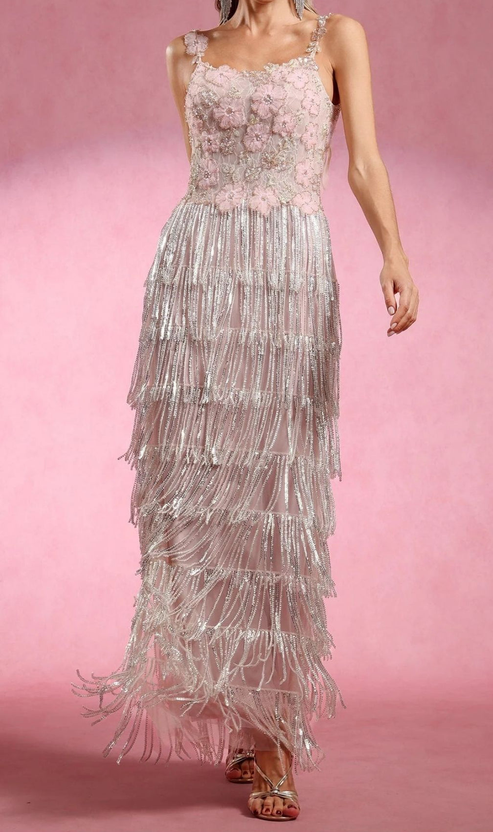 Katrice Floral & Sequin Fringe Maxi Dress - Strappy Boho Glam Gown