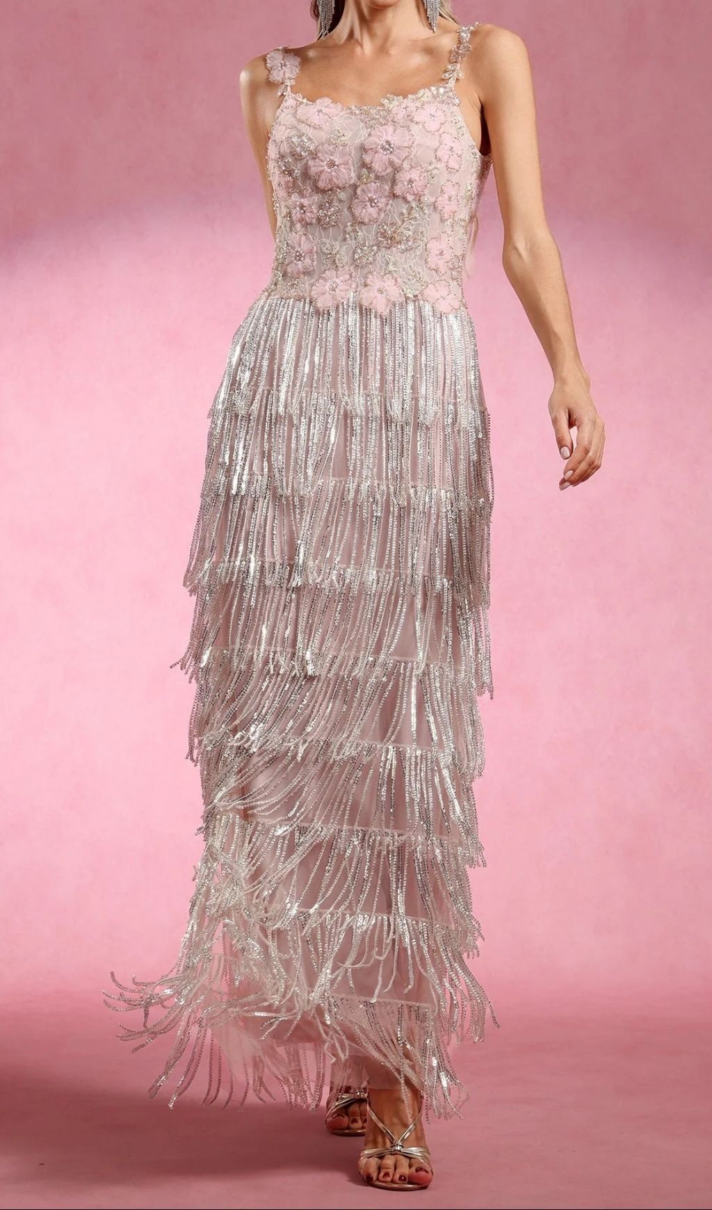 Katrice Floral & Sequin Fringe Maxi Dress - Strappy Boho Glam Gown