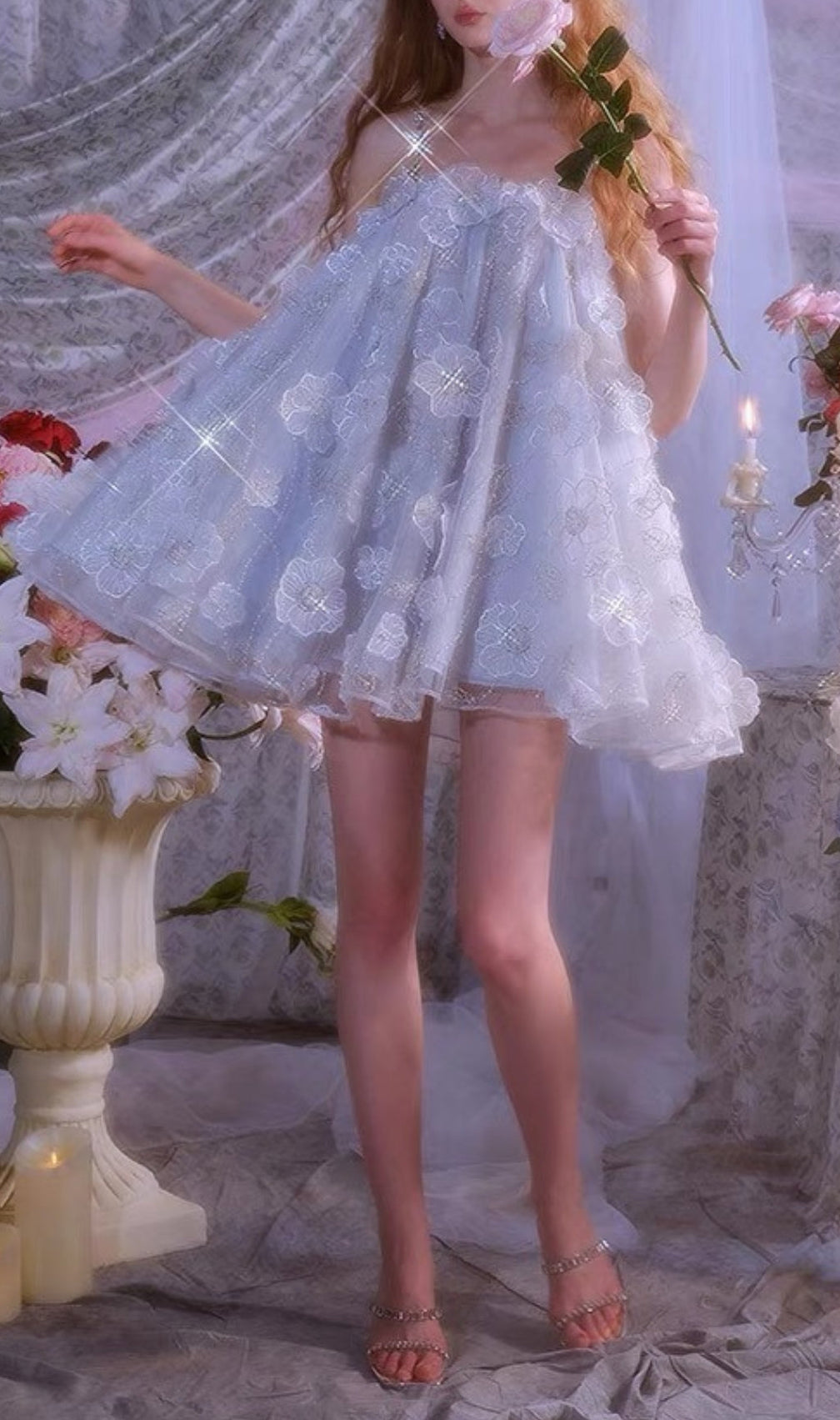 Briana Blue Sequin Flower Embellished Mini Dress