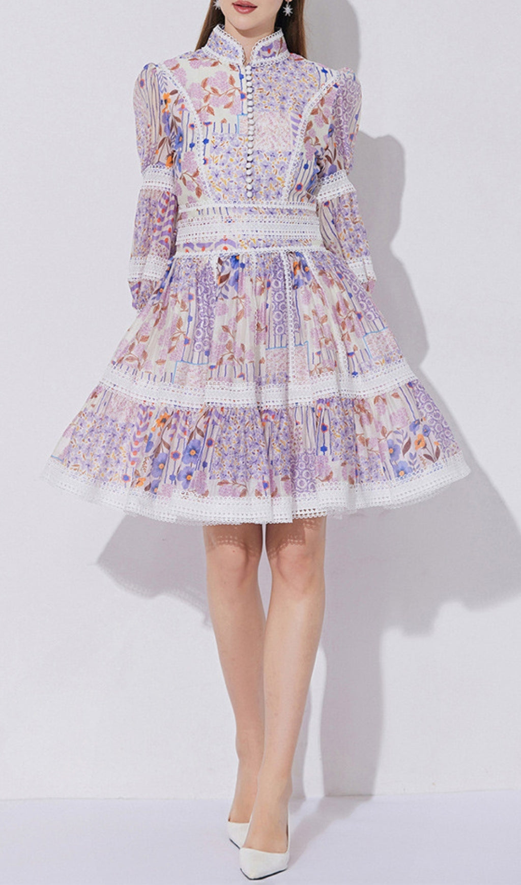 Erla Purple Floral Long Sleeve Mini Dress