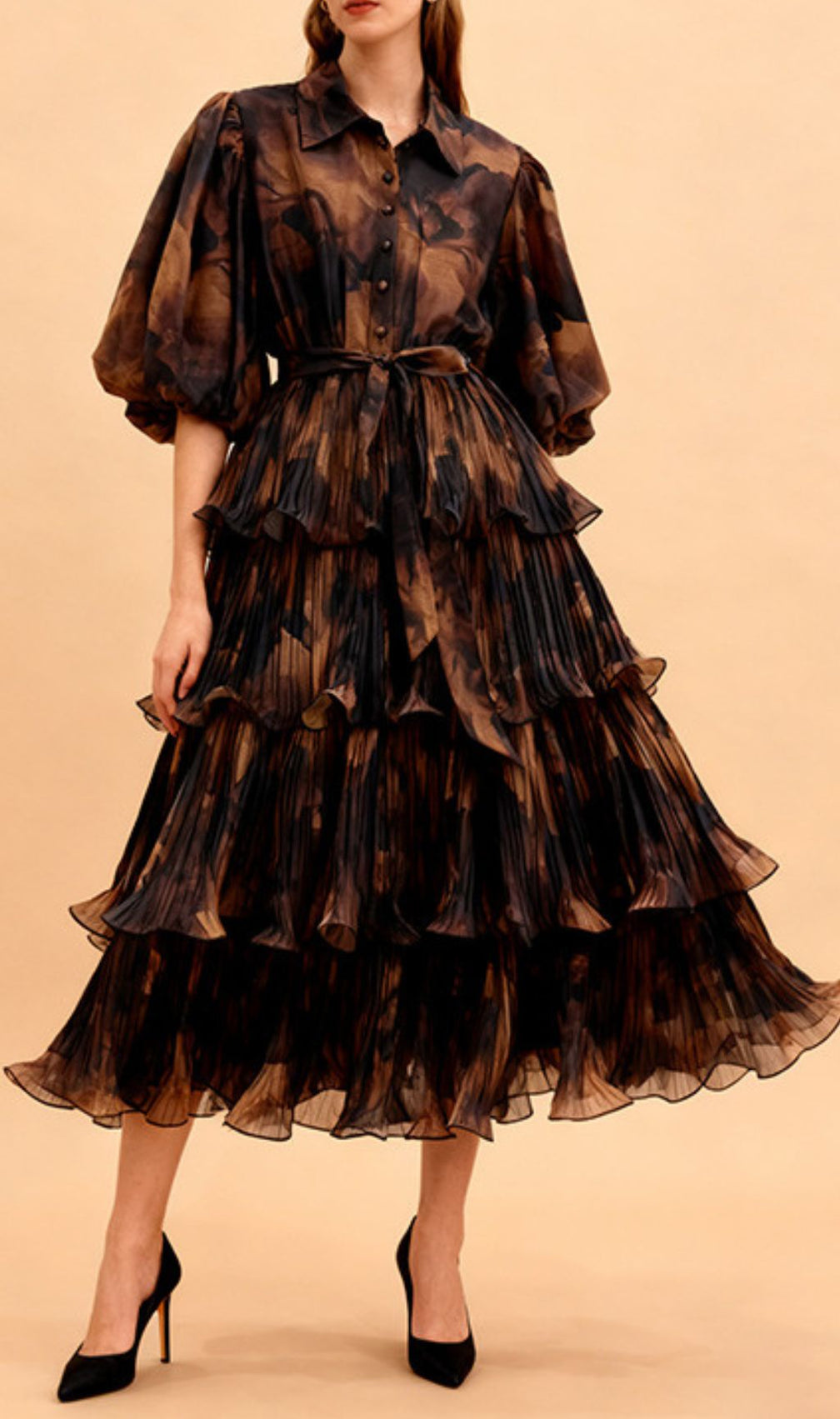 Ilma Vibrant Teal & Blue Printed Puff Sleeve Layered Midi Dress