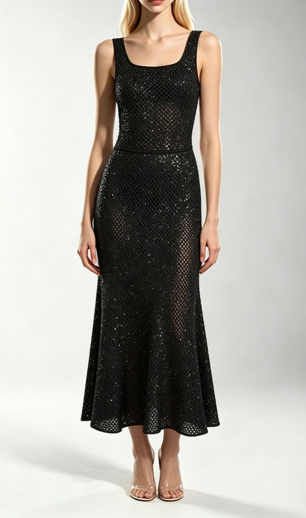 Kimbra Black Sequin Knit Midi Dress | Sleeveless Glamour for Special Nights