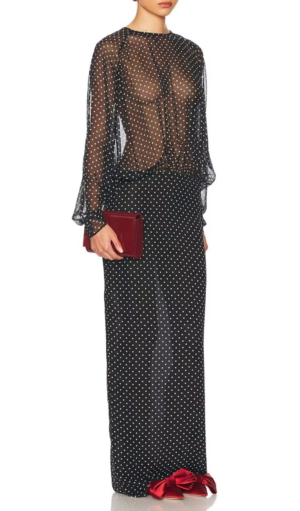 Chic Sheer Polka Dot Long Sleeve Maxi Dress - Black