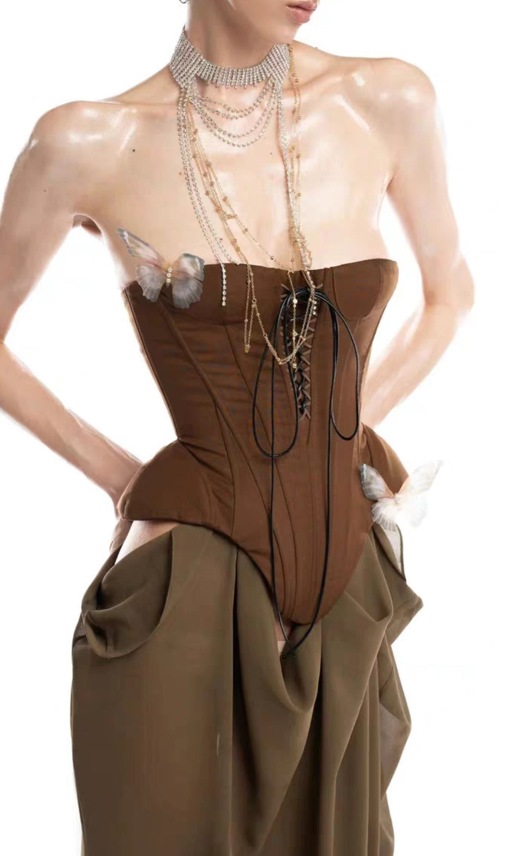 Edna Brown Strapless Corset Maxi Dress