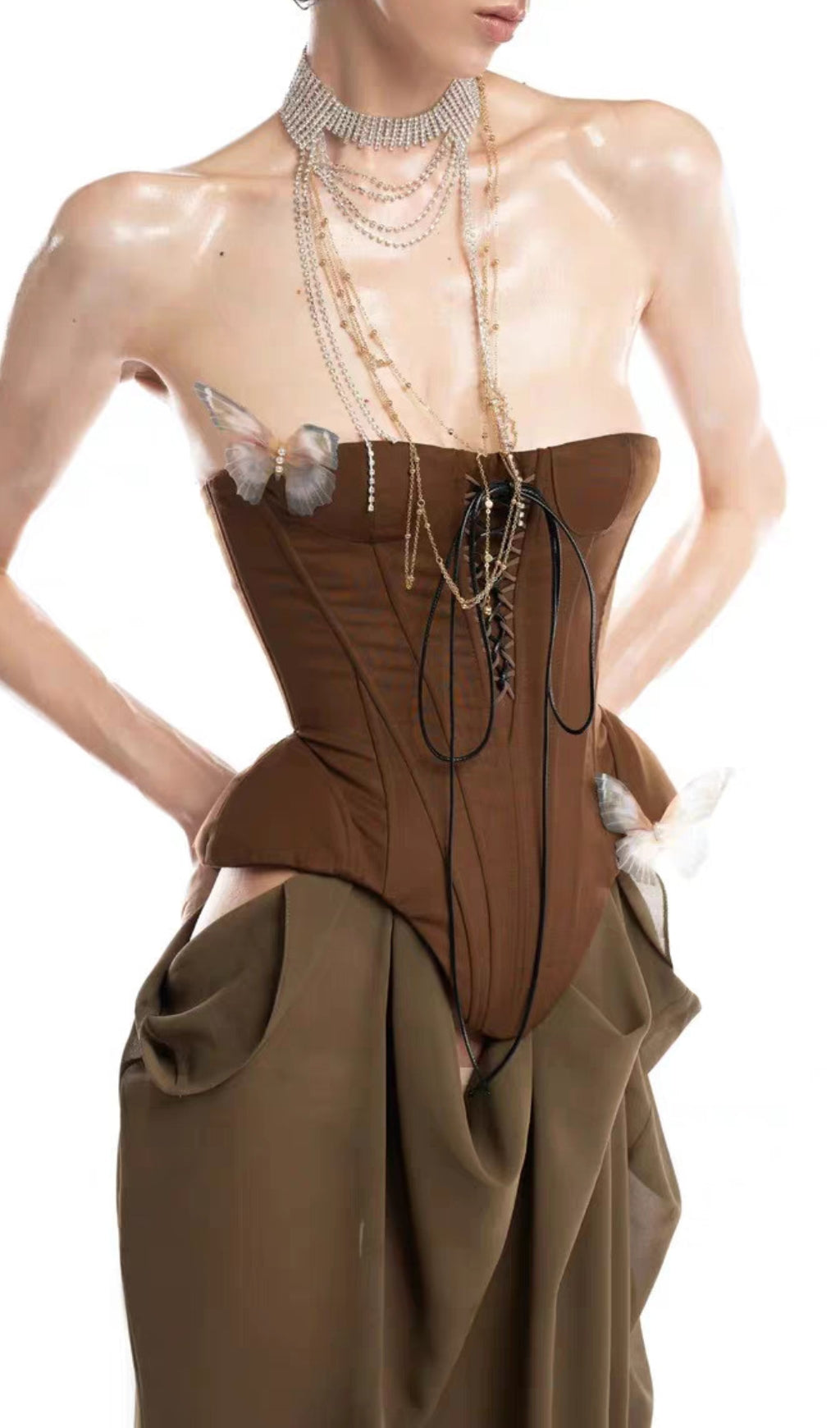 Edna Brown Strapless Corset Maxi Dress