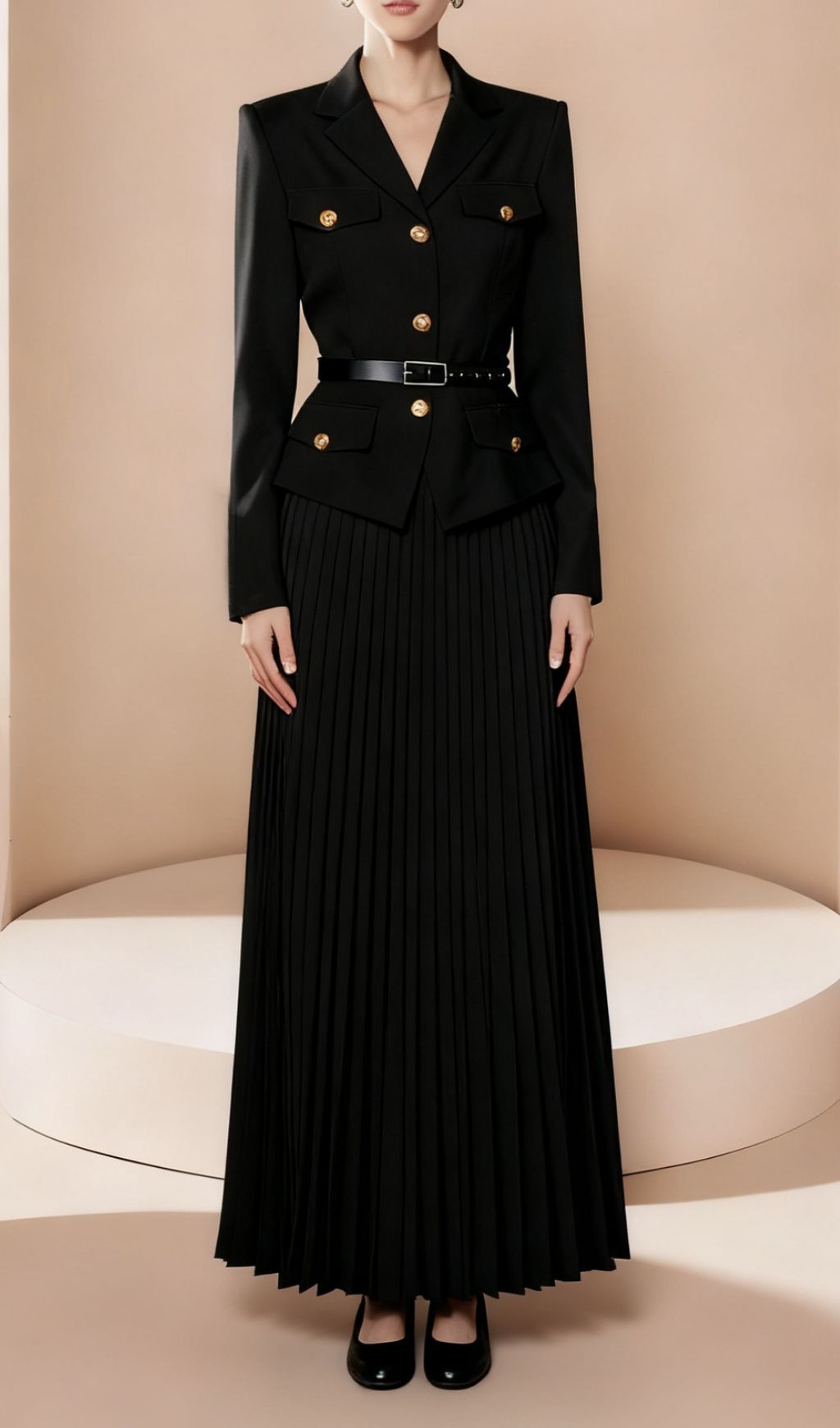 Ieva Chic Black Belted Blazer & Pleated Maxi Skirt Set