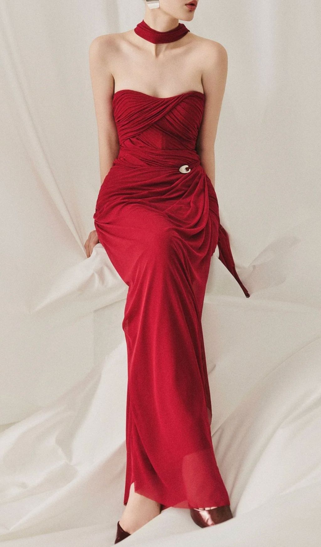 Lacey Red Ruched Maxi Dress