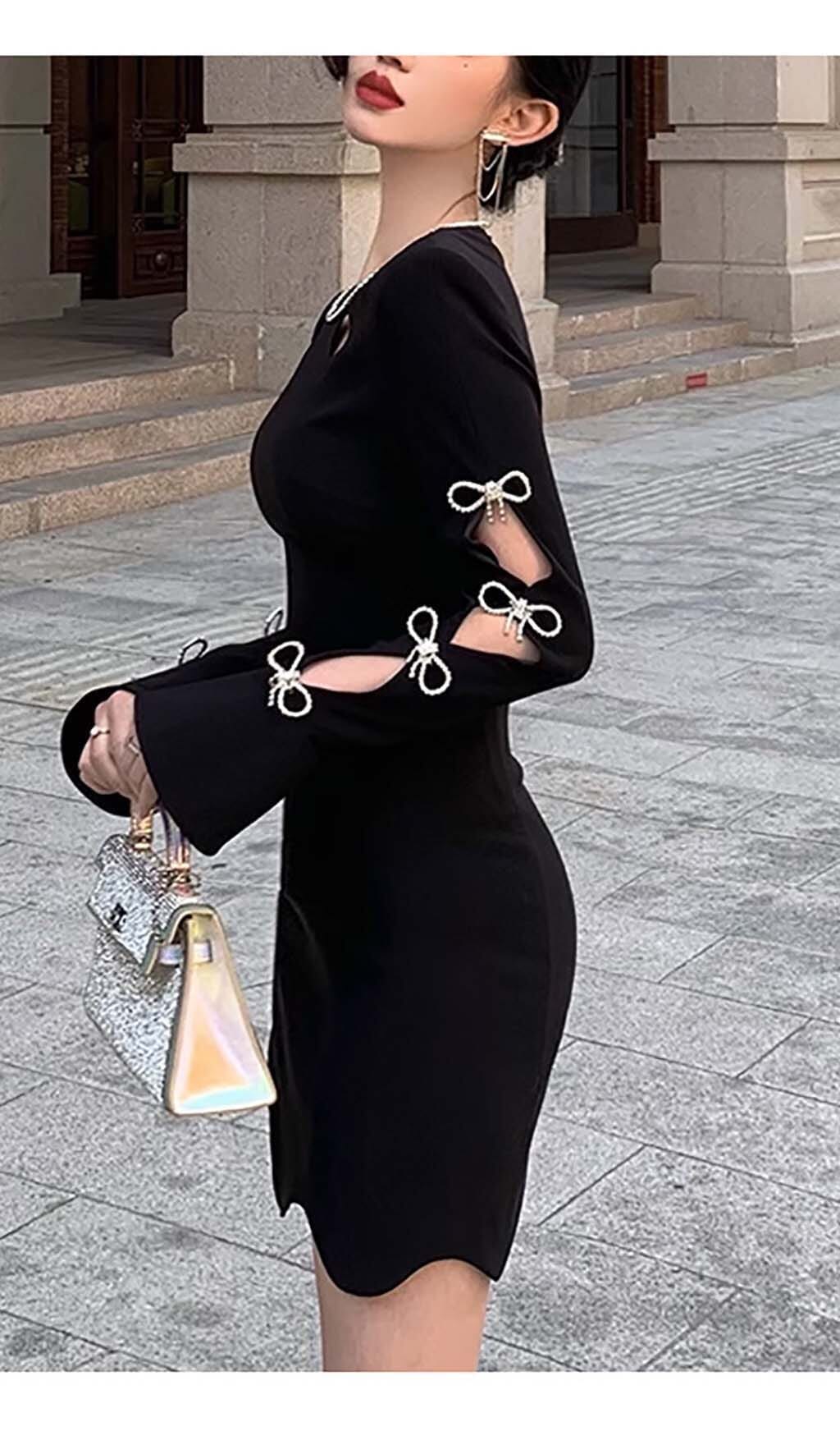 Rhinestone Bow-Embellished Mini Dress In Black