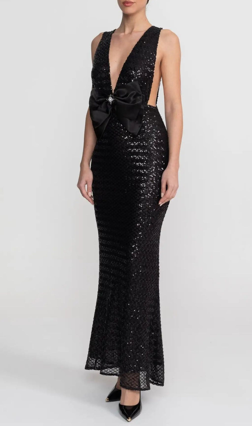 Sequin Maxi Dress With Satin Bow Detail - Black