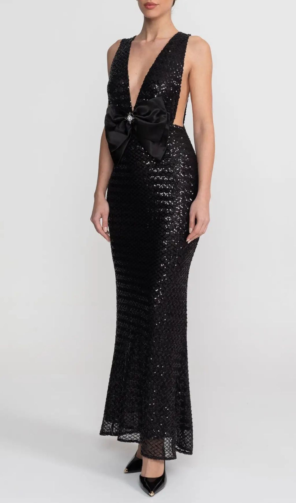 Sequin Maxi Dress With Satin Bow Detail - Black