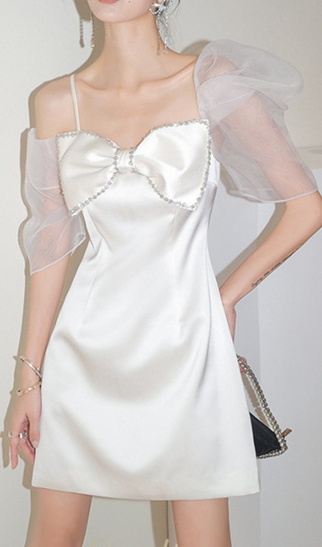 White Puff Sleeve Bow Dress