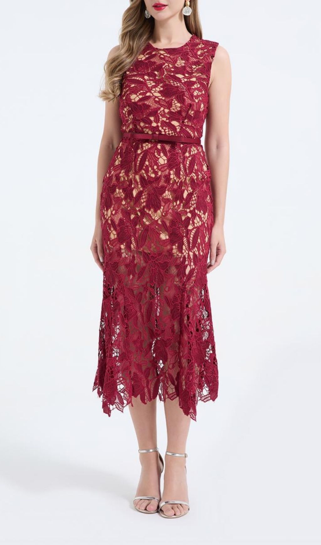 Mirexen Red Floral Cutout Midi Dress
