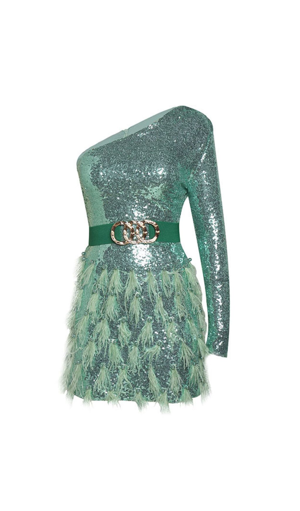 Akanksha Dazzling Green Sequin & Feather One-Shoulder Mini Dress