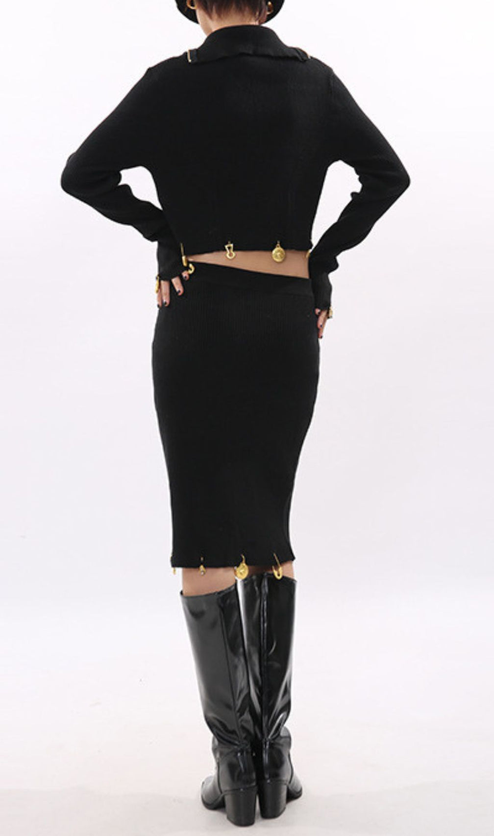 Idun Black Ribbed Knit Two-Piece Set | Edgy Cropped Top & Pencil Skirt with Gold Charms