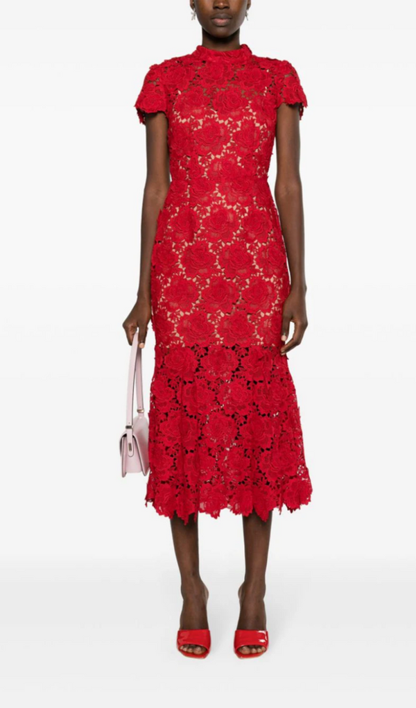 RED FLOWER LACE MIDI DRESS