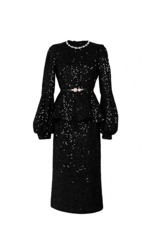 SEQUIN LANTERN SLEEVE RUFFLE MIDI DRESS