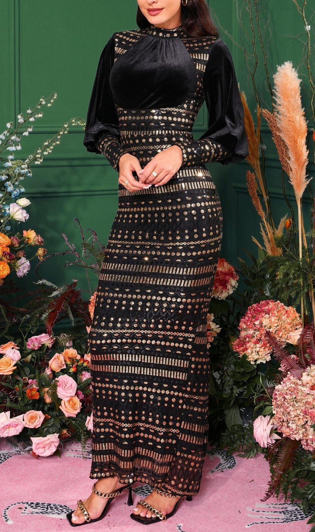 Chalise Gold Sequin Long Sleeve Maxi Dress