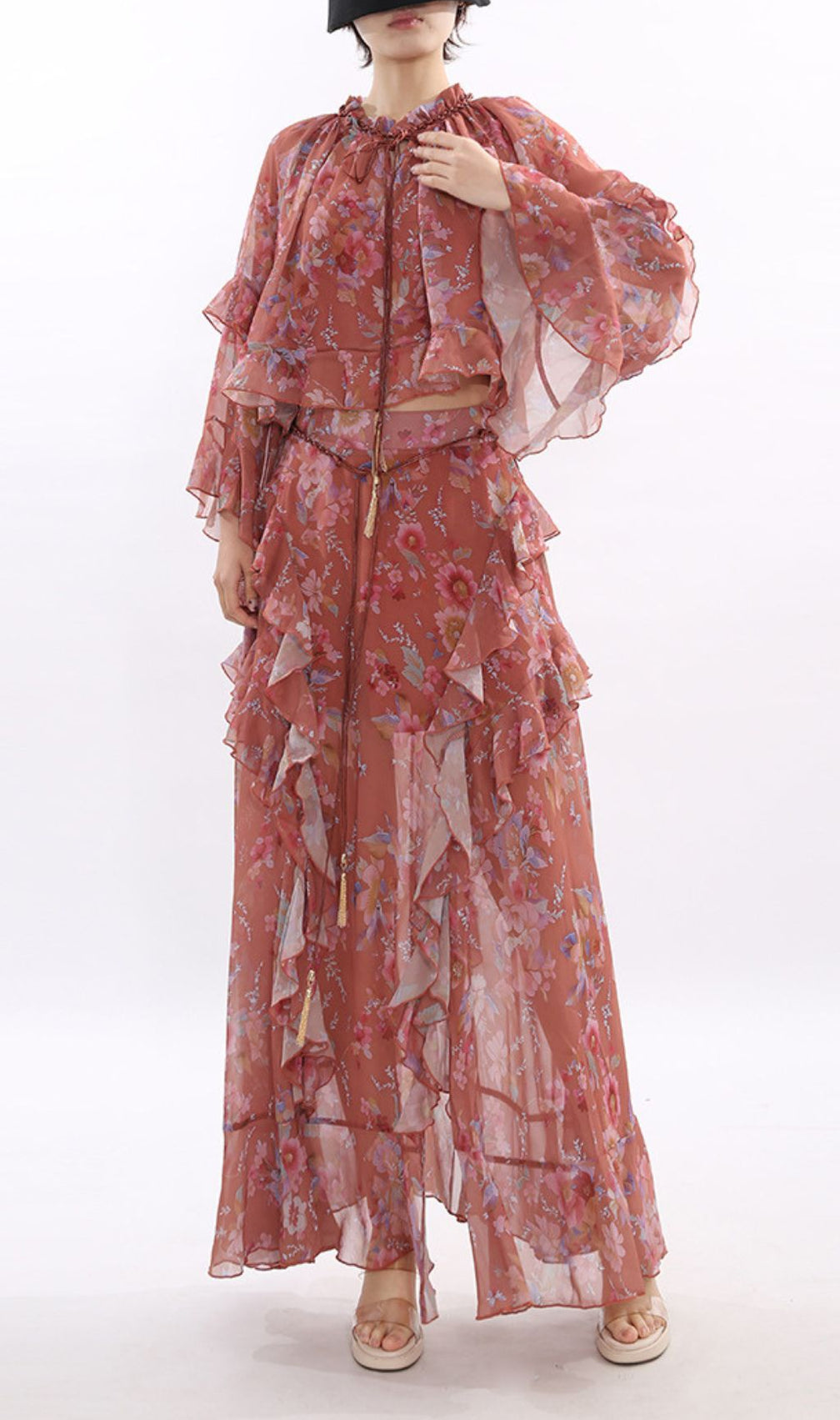 Boho Chic Floral Ruffle Top & Maxi Skirt Set