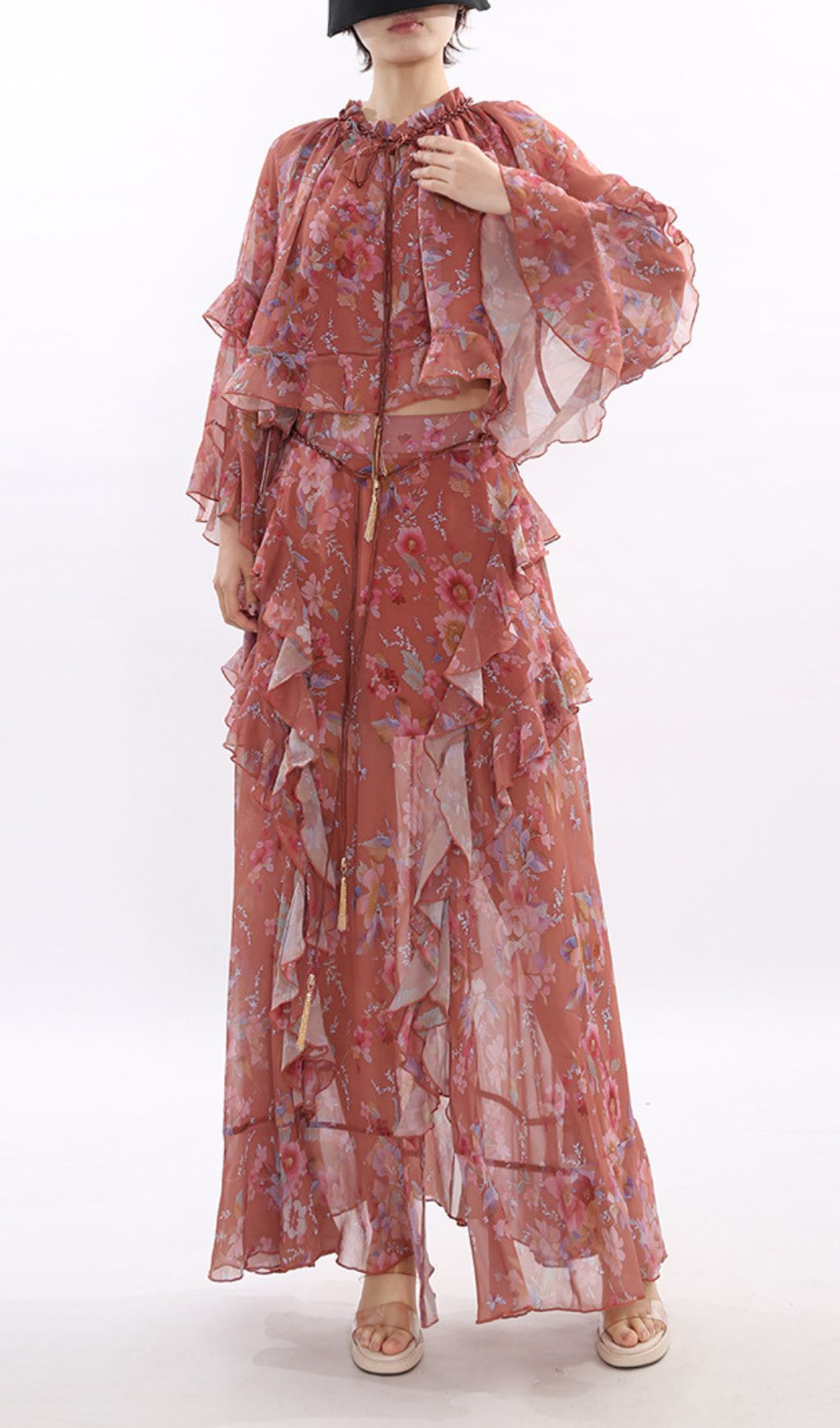 Boho Chic Floral Ruffle Top & Maxi Skirt Set