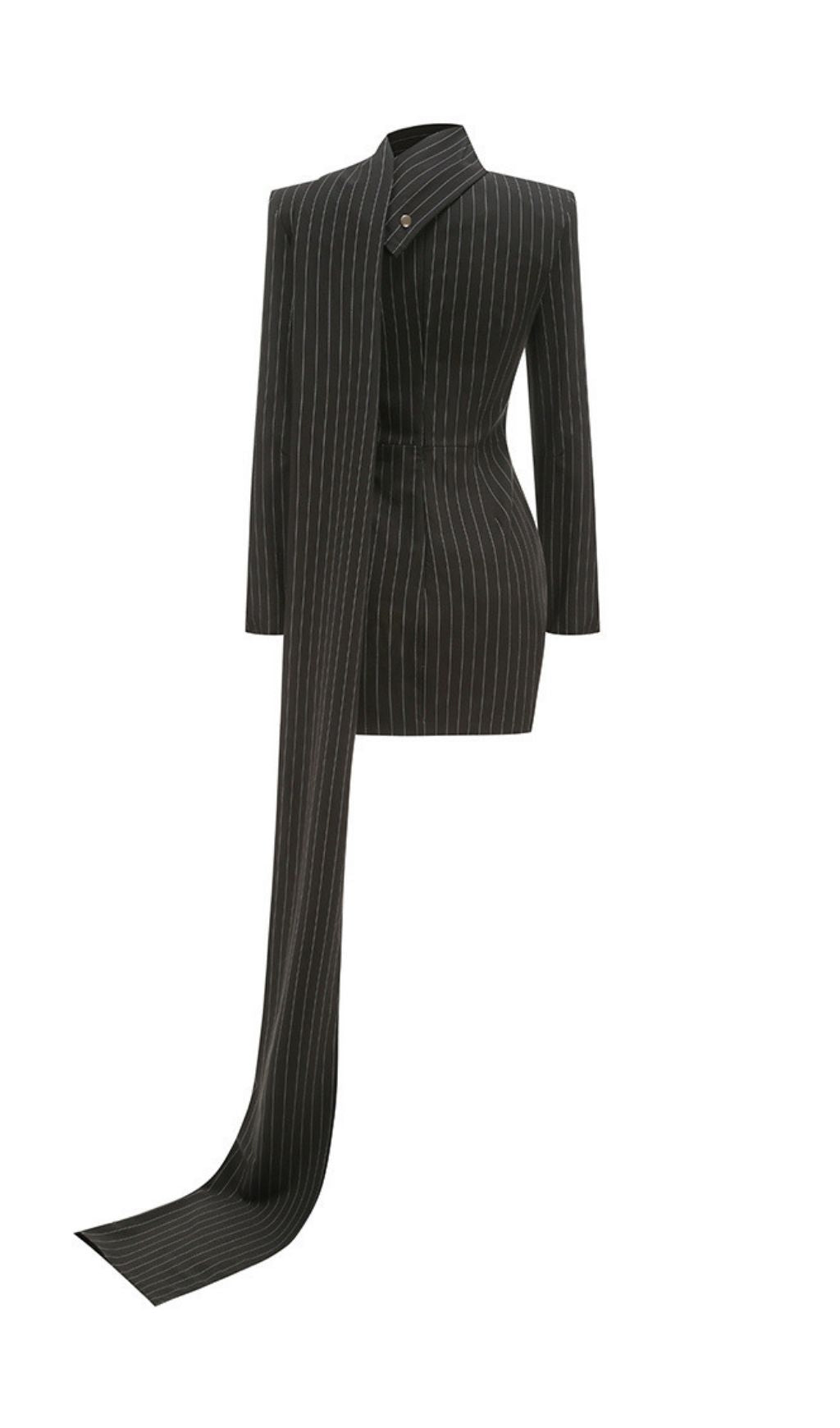 Kazane Chic Pinstripe Blazer Mini Dress with Choker & Train - Black