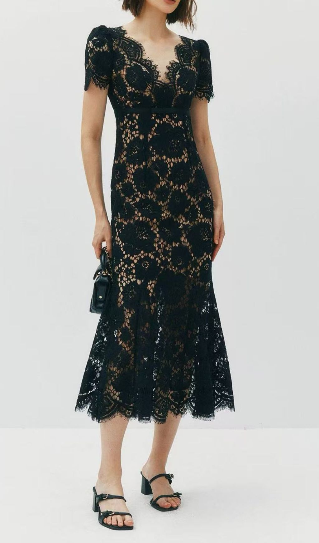 Imelda Black Lace Midi Dress | Elegant V-Neck Cocktail & Party Dress for Women