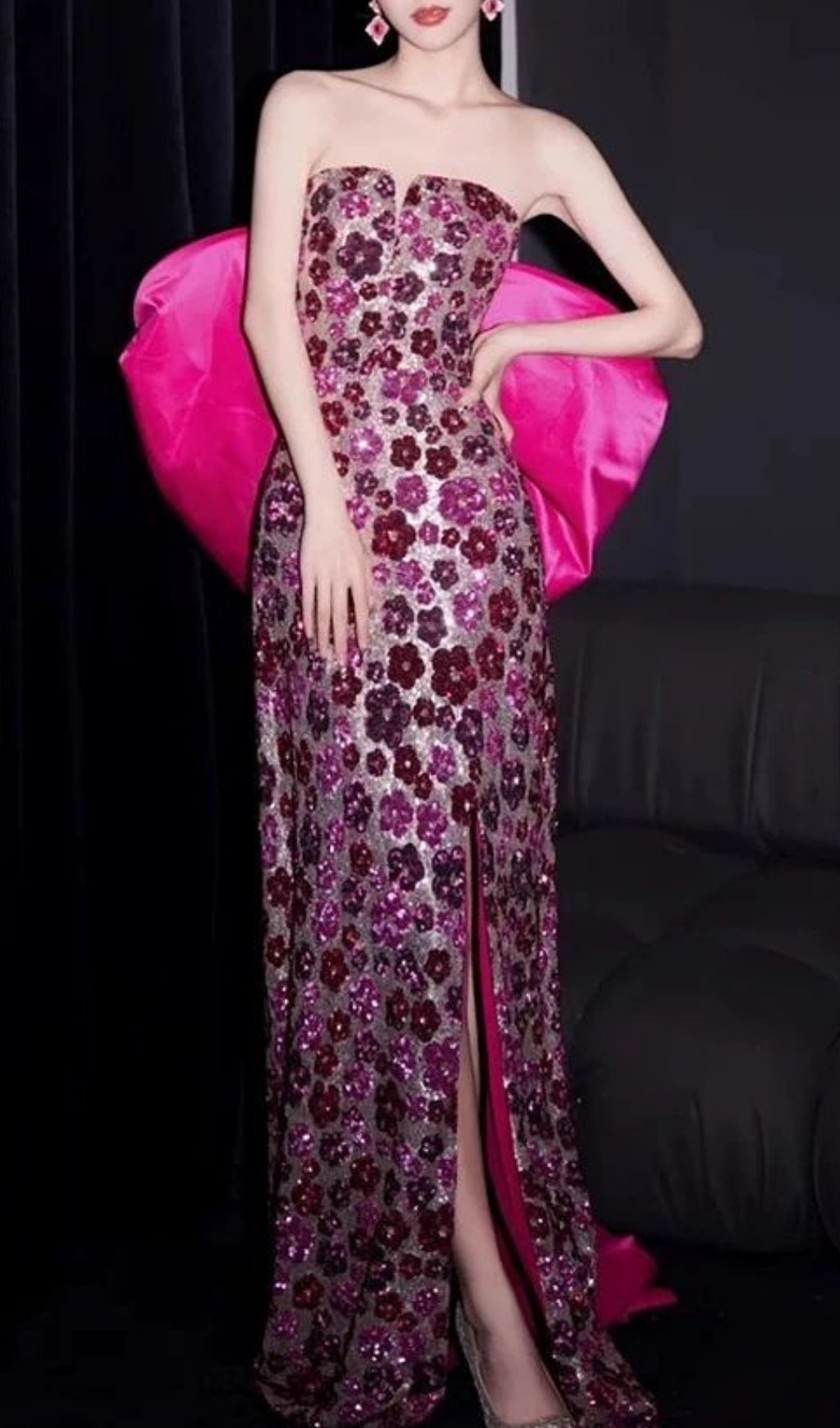 Famke Strapless Bow Flower Sequin Maxi Dress