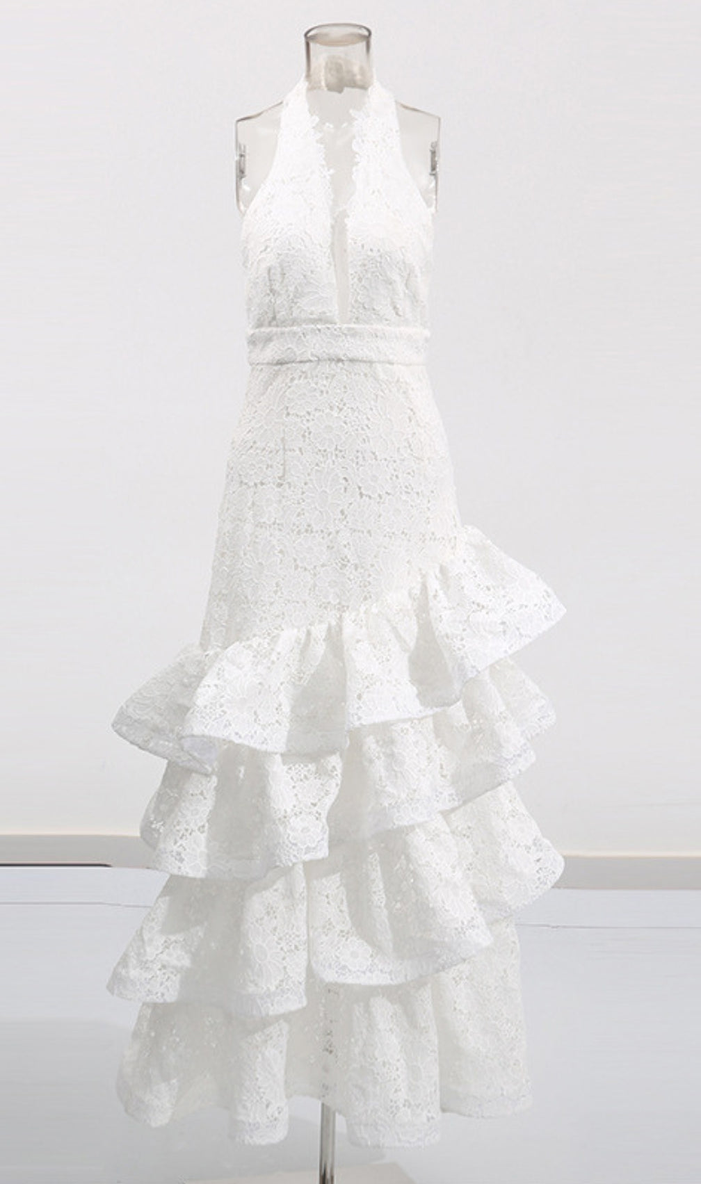 Ellie White Halter Embroidery Ruffle Maxi Dress