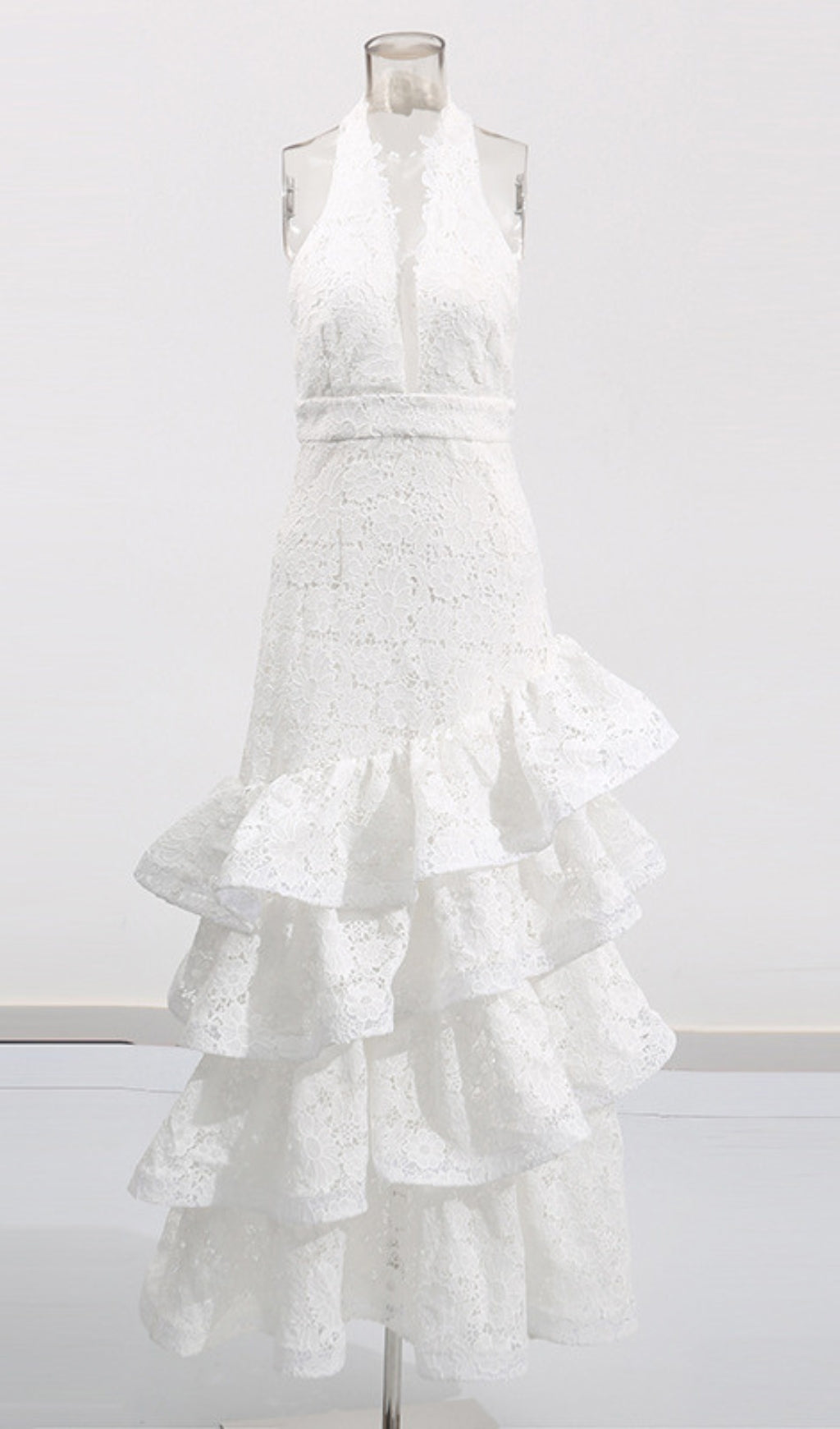 Ellie White Halter Embroidery Ruffle Maxi Dress