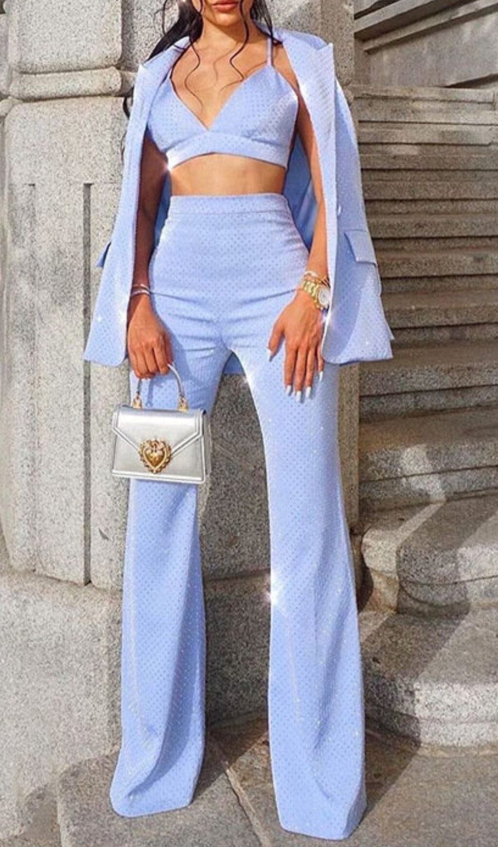 Glitter Flared Three-Piece Set In Blue